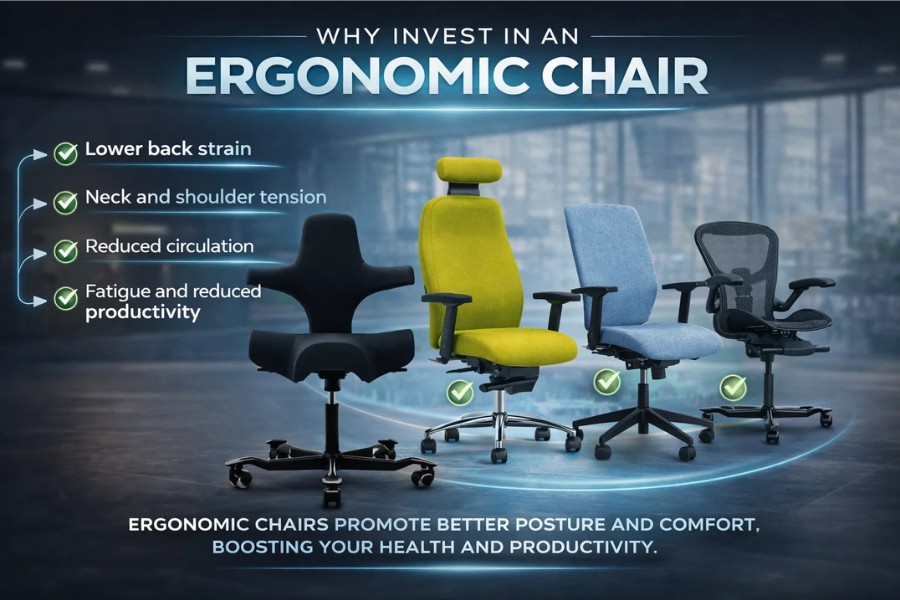 Ergonomic office chairs demonstrating posture support and reduced back strain in a modern workplace setting