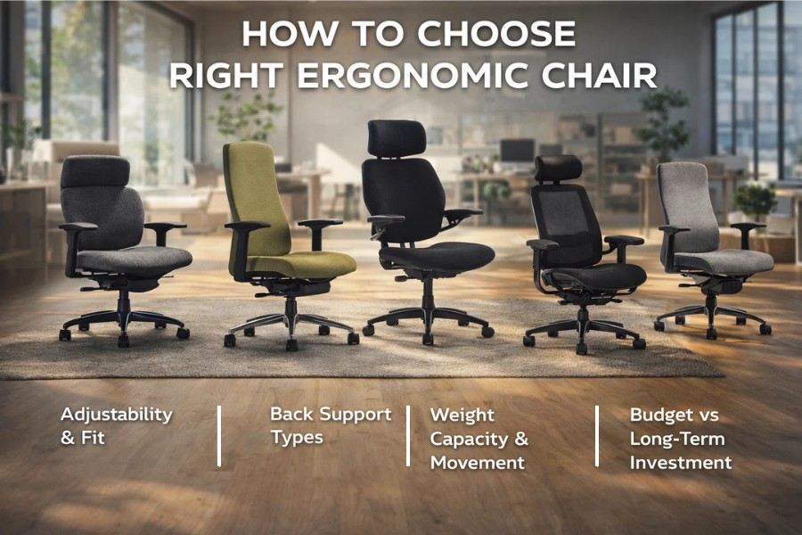 Different ergonomic office chairs showing adjustability, back support and fit options in a modern workspace