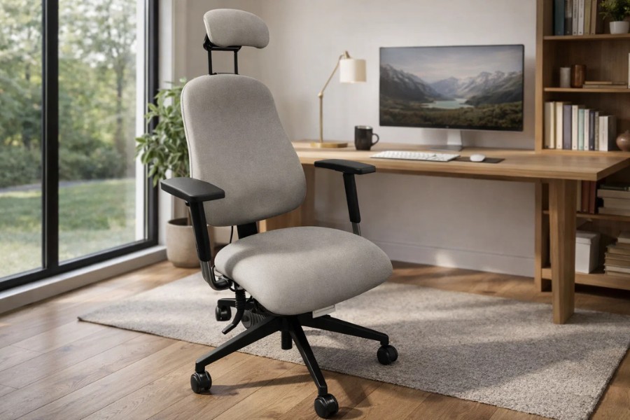 Ergonomic home office chair with adjustable headrest and armrests in a modern workspace