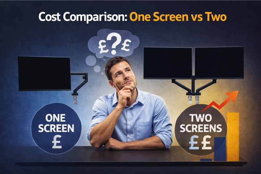 Infographic showing cost comparison of single vs dual monitor setup, with one screen labelled lower cost and two screens indicating higher expense.