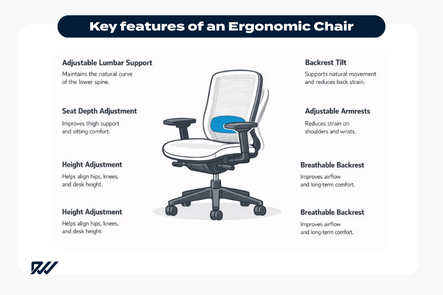 Infographic showing the key features of an ergonomic office chair, including adjustable lumbar support, seat depth adjustment, height adjustment, backrest tilt, adjustable armrests, and a breathable backrest.