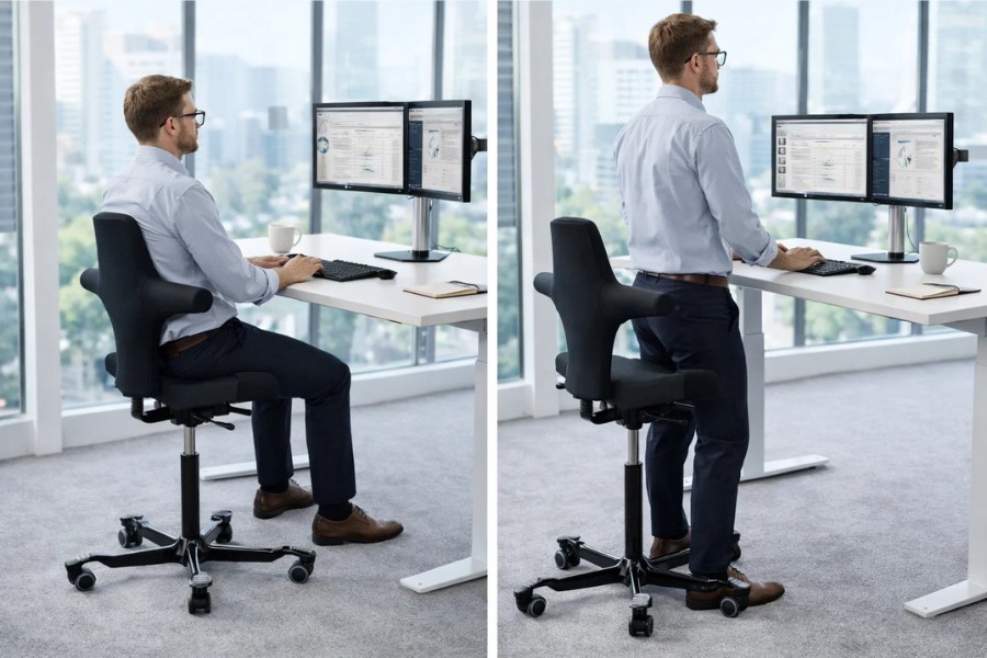 Ergonomic saddle chair used with a sit-stand desk for seated and standing work positions