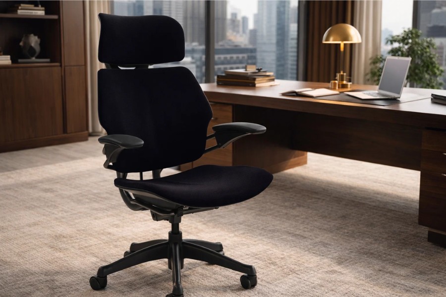 Premium ergonomic office chair with headrest in a modern executive workspace