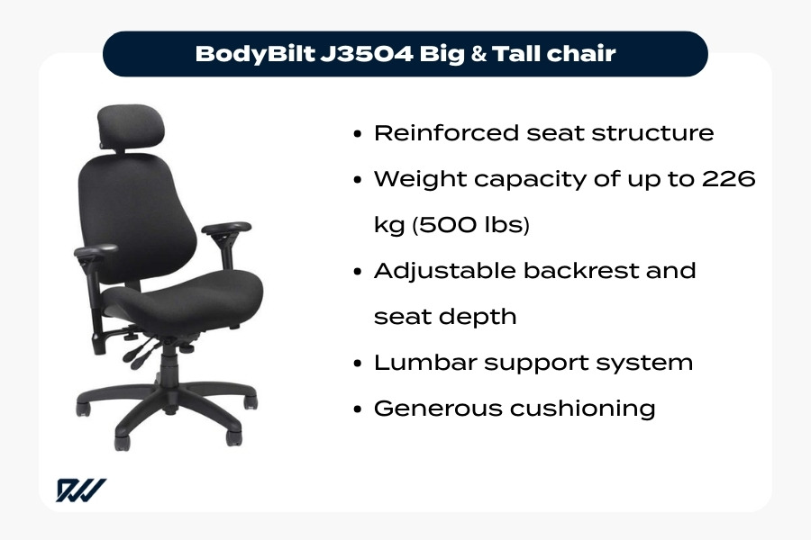 BodyBilt J3504 big and tall ergonomic office chair with reinforced frame, adjustable backrest and seat depth, and lumbar support.