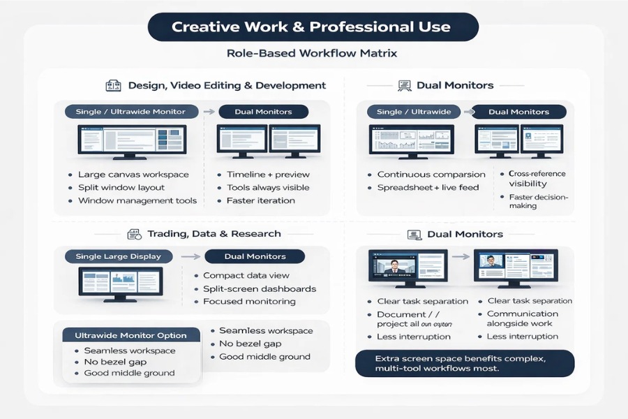 Infographic comparing single vs dual monitor setups for creative work, data analysis and remote work, highlighting workflow efficiency and multi-tool visibility.