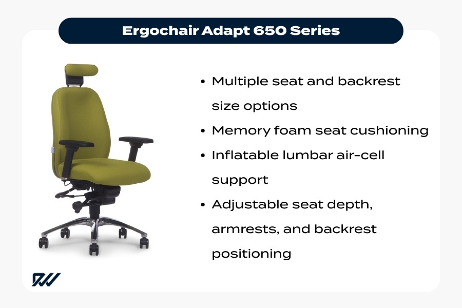 Ergochair Adapt 650 Series ergonomic office chair with memory foam seat, inflatable lumbar support, and adjustable seat depth and armrests.