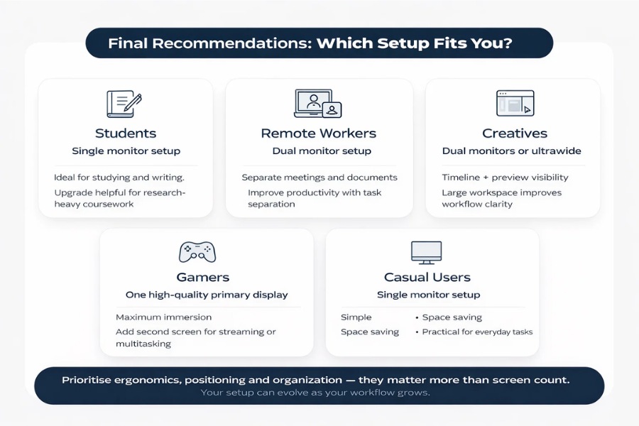 Infographic showing final recommendations for single vs dual monitor setups by user type, including students, remote workers, creatives, gamers and casual users.
