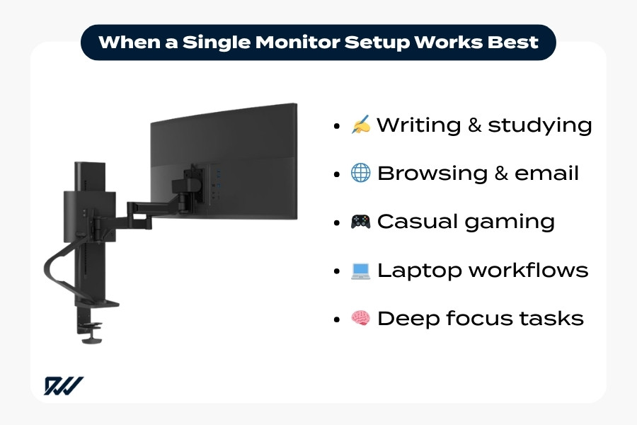 Infographic showing when a single monitor setup works best, including writing, browsing, casual gaming, laptop workflows and deep focus tasks.