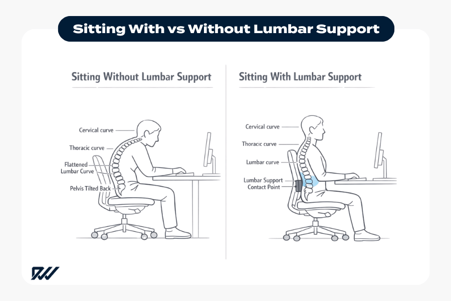 Comparison diagram showing sitting posture with and without lumbar support, highlighting spinal curves, slouched posture, and proper spinal alignment in an ergonomic office chair.