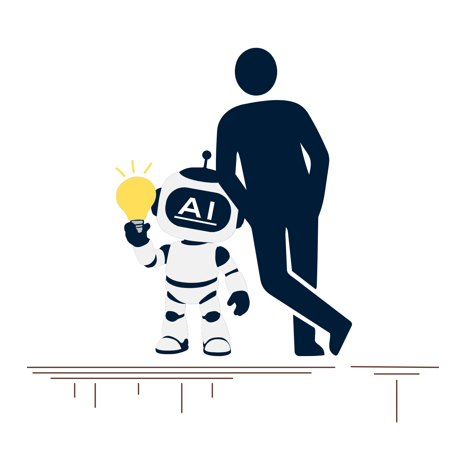 Artificial intelligence robot holding a lightbulb beside a human silhouette representing cognitive reliance on AI for ideas and thinking