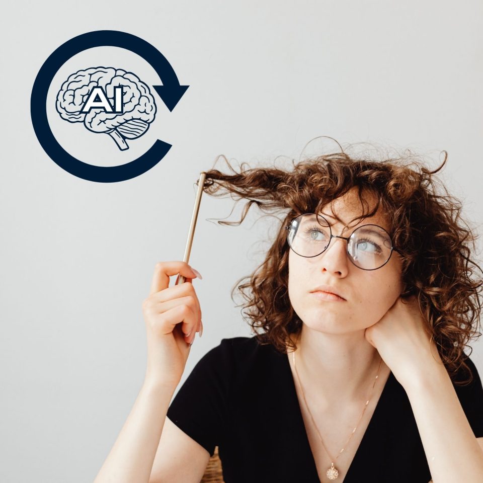 Person thinking while holding a pencil beside an AI brain loop icon representing cognitive processing, cognitive support and the brain AI loop concept
