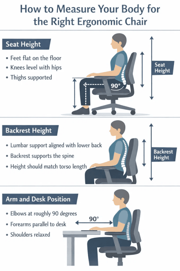 Infographic showing how to measure your body for an ergonomic chair, including seat height, backrest height, and arm and desk position.