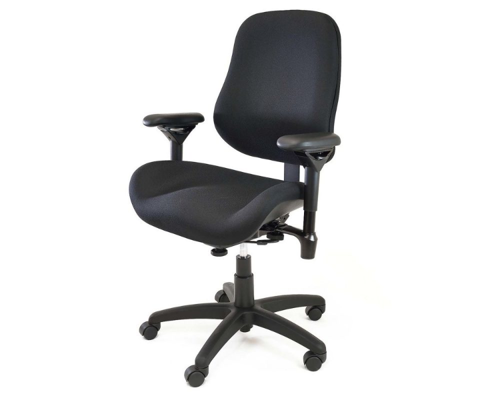 BodyBilt J2504 ergonomic office chair angled front view showing seat contour, armrests and wheeled base