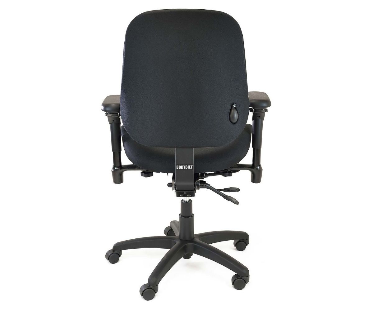 BodyBilt J2504 ergonomic office chair rear view showing contoured backrest, adjustable armrests and wheeled base