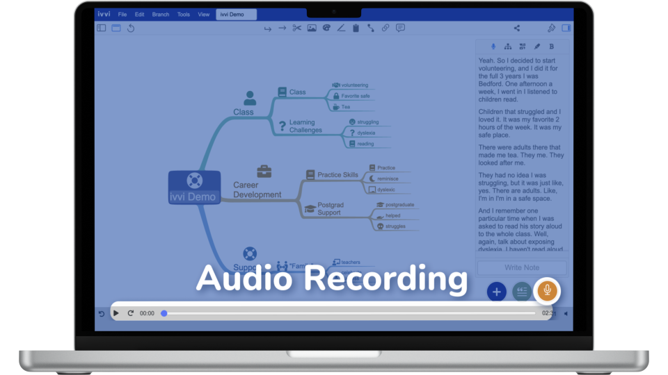 ivvi Notes software interface showing audio recording feature on laptop with mind map and text panel