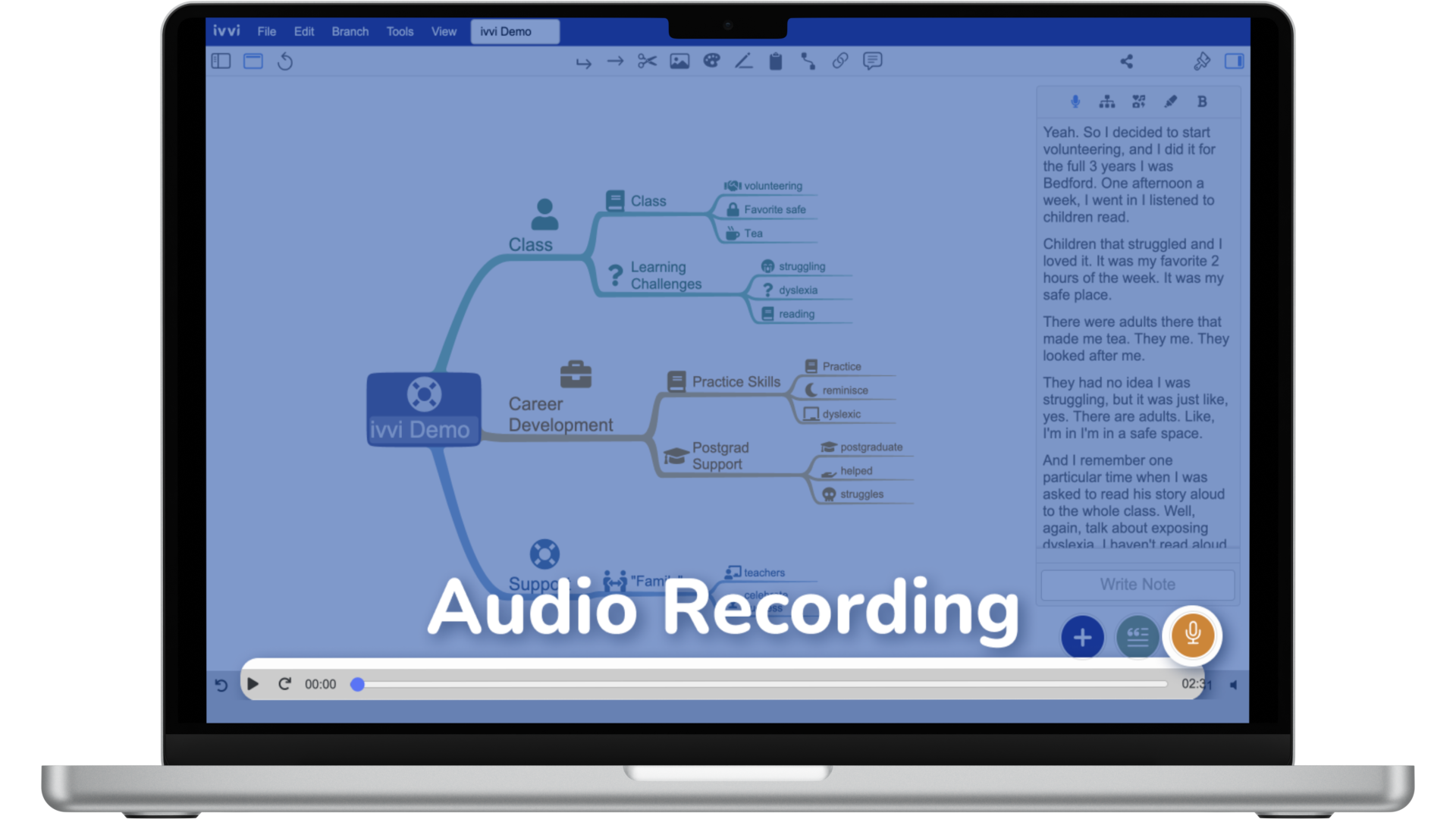 ivvi Notes software interface showing audio recording feature on laptop with mind map and text panel