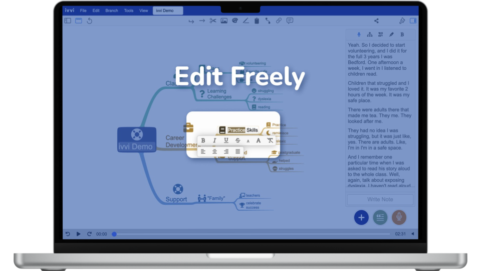 ivvi Notes editing tools interface showing text formatting options within mind map software