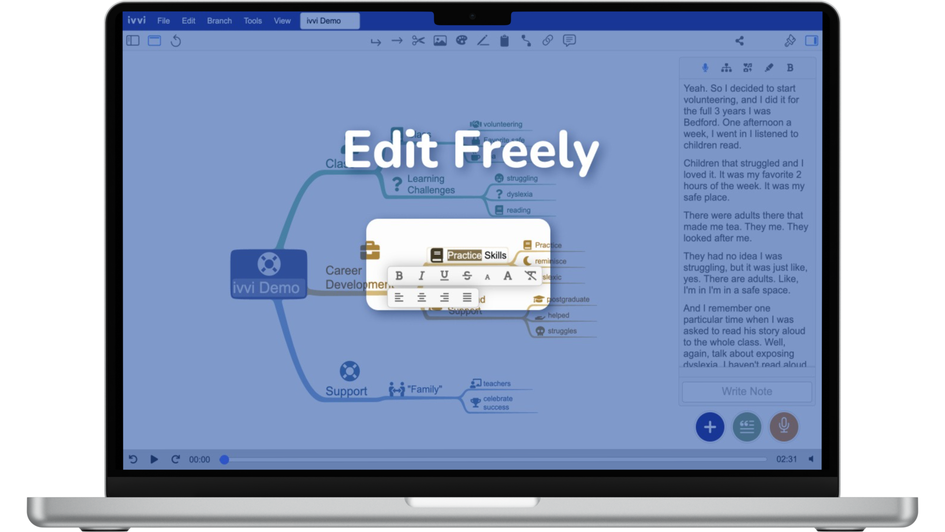 ivvi Notes editing tools interface showing text formatting options within mind map software