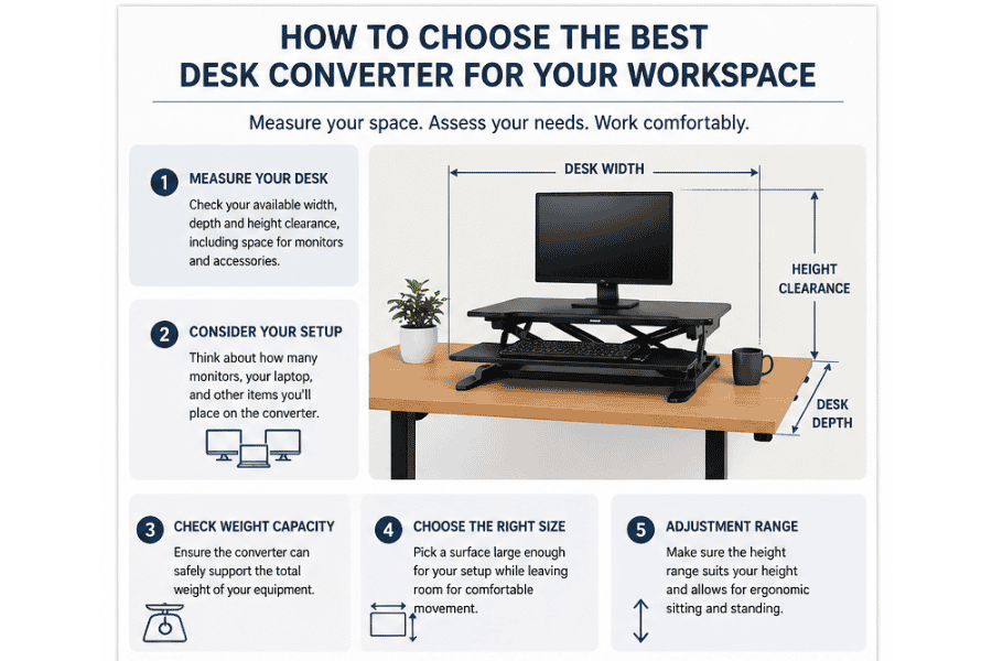Infographic showing how to choose a desk converter including desk measurements, setup type, weight capacity, and size