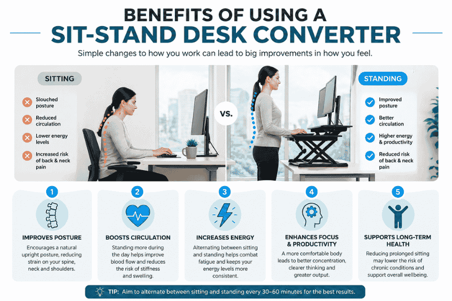 Infographic comparing sitting vs standing at a desk converter showing posture, energy, and health benefits