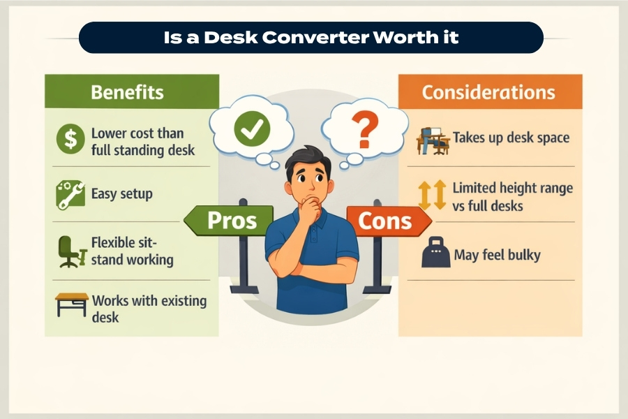 Infographic comparing the benefits and considerations of a desk converter, including cost, flexibility, space, and design limitations.