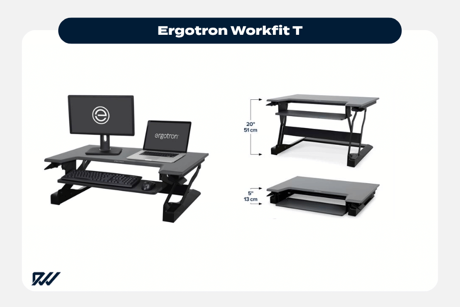 Ergotron WorkFit T desk converter with dual monitors and laptop, showing raised and lowered height positions