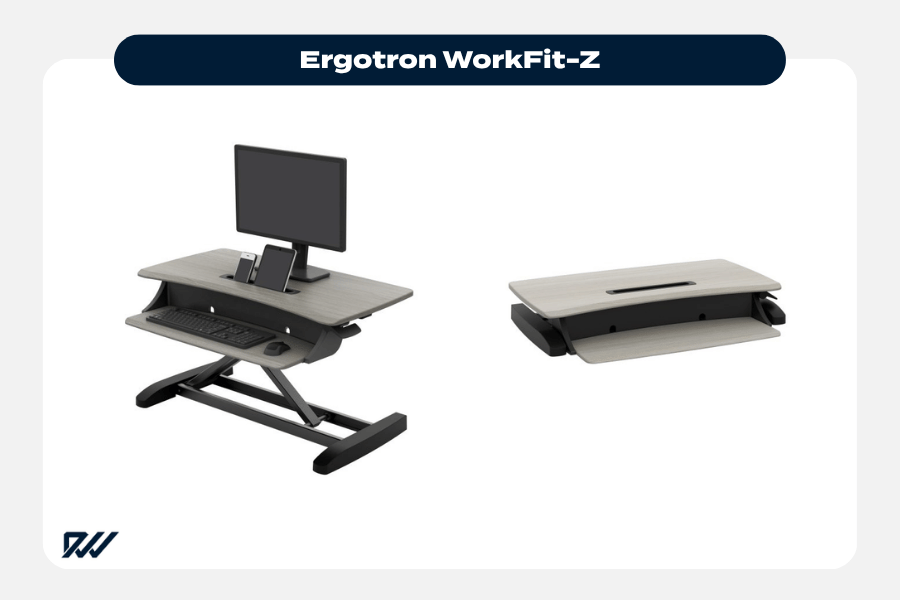 Ergotron WorkFit-Z desk converter with monitor, keyboard, and device slot, shown in raised and lowered positions