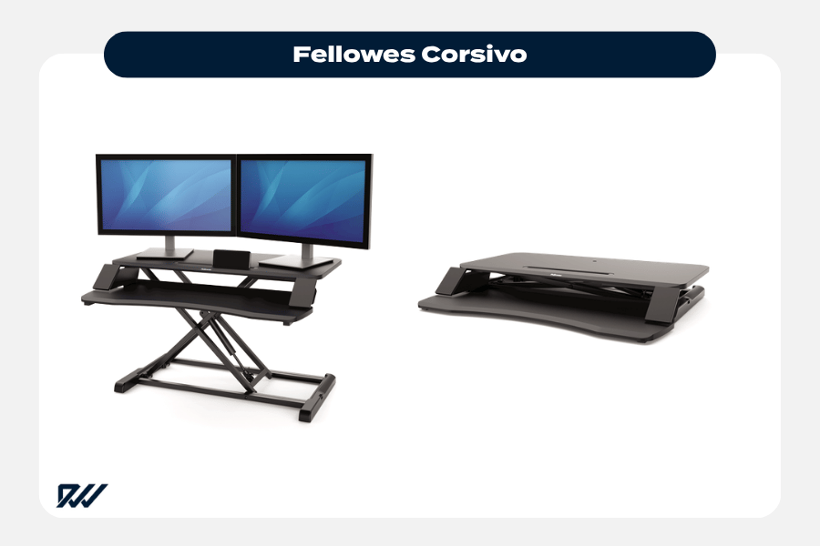 Fellowes Corsivo desk converter with dual monitors, shown in raised and lowered positions with curved work surface