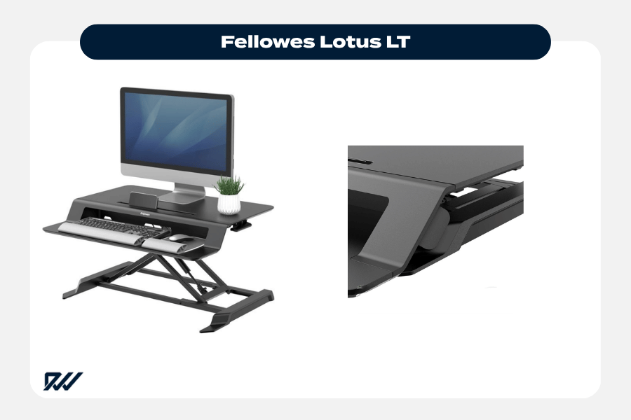 Fellowes Lotus LT desk converter with monitor and keyboard, shown raised with close-up of adjustment mechanism