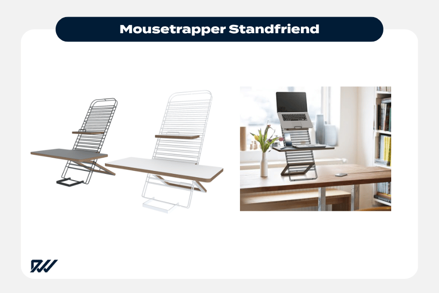 Mousetrapper Standfriend adjustable laptop stand shown in multiple positions and in use on a desk