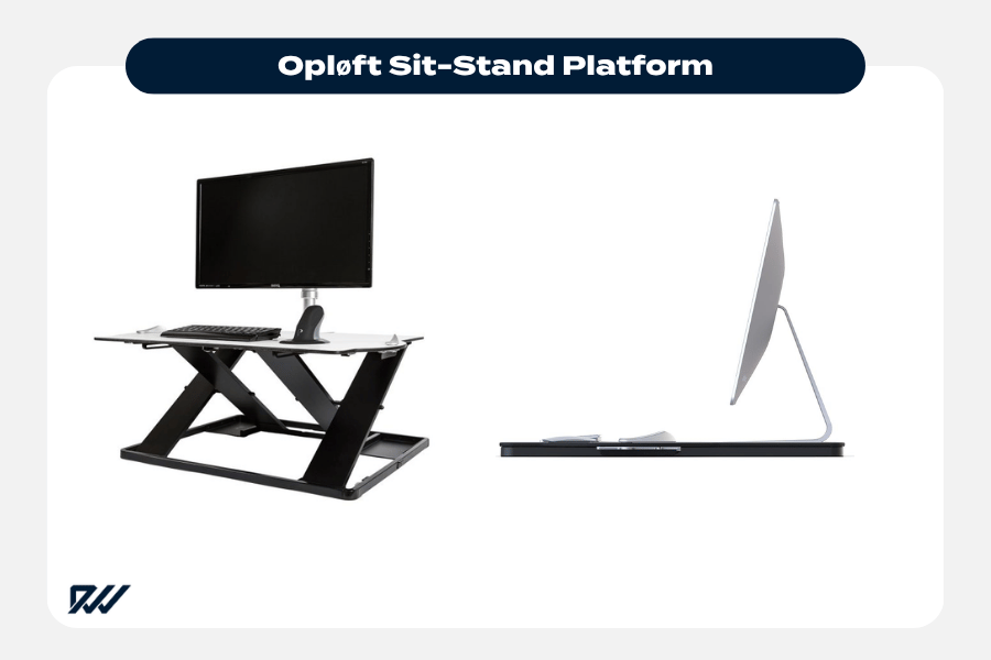 Opløft sit-stand platform desk converter with monitor and keyboard, shown raised and in low-profile position