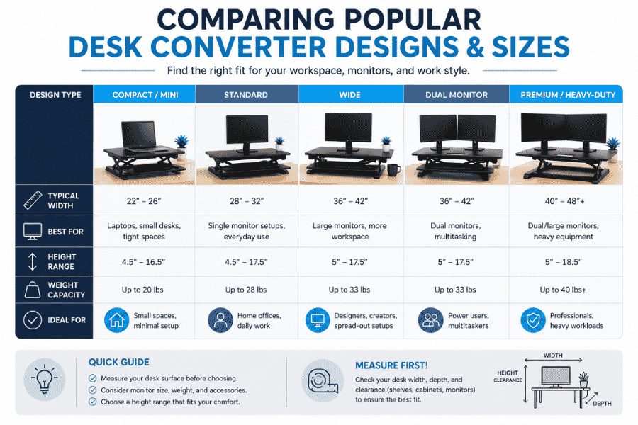 Infographic comparing desk converter designs and sizes including compact, standard, wide, dual monitor, and heavy-duty models