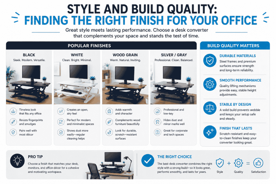 Infographic showing desk converter finishes including black, white, wood grain, and silver with build quality features