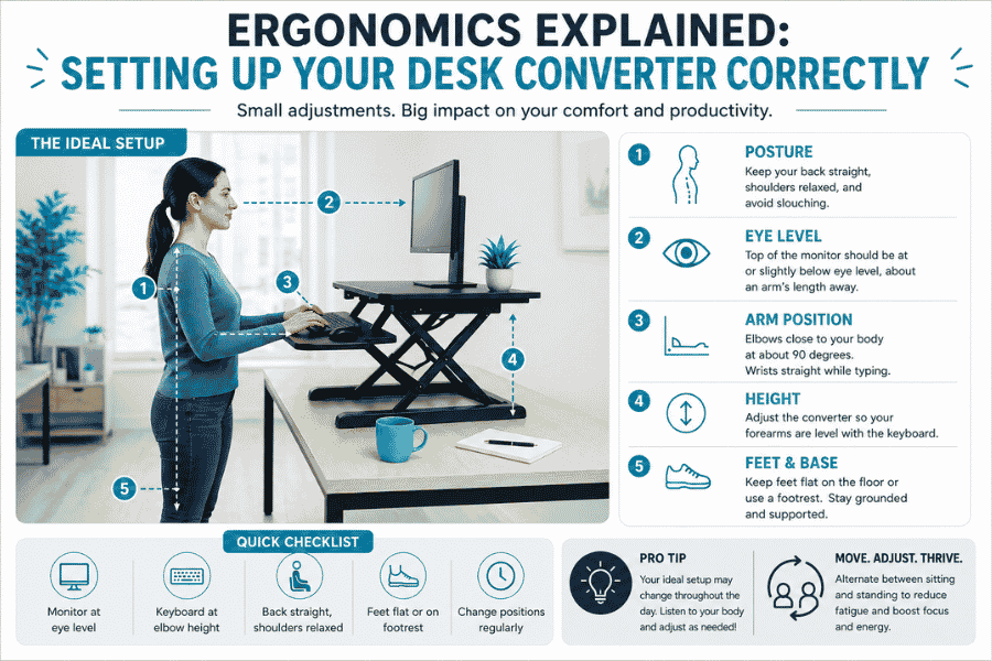 Infographic showing correct ergonomic setup for a desk converter including posture, monitor height, and arm position