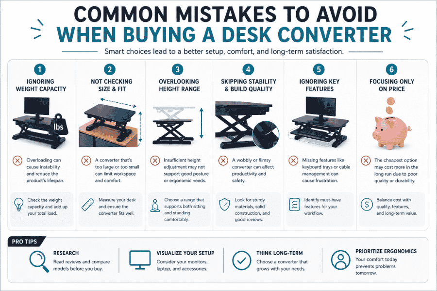 Infographic showing common mistakes to avoid when buying a desk converter including size, stability, and features