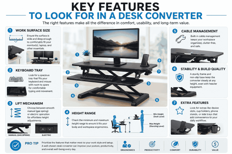 Infographic showing key desk converter features including surface size, keyboard tray, height range, and stability