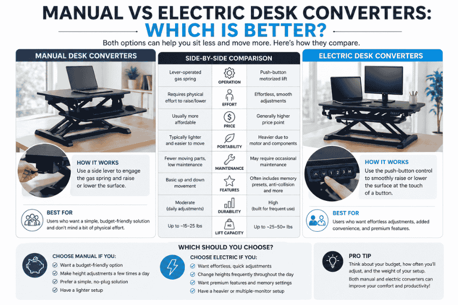 Infographic comparing manual and electric desk converters including features, effort, cost, and usability differences