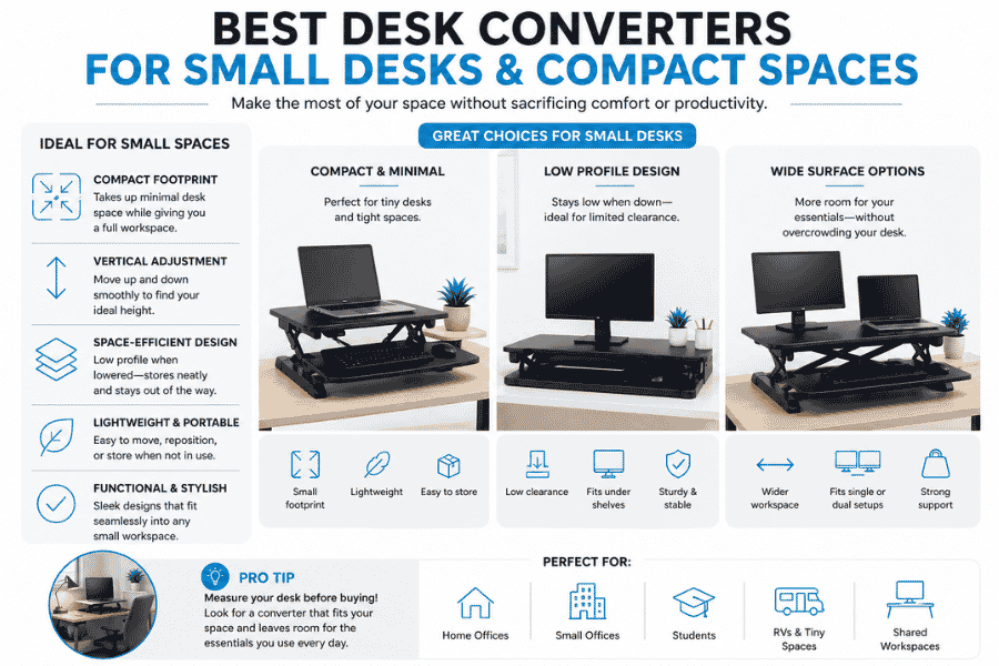 Infographic showing best desk converters for small desks and compact spaces, highlighting compact design, vertical adjustment, and space-saving features