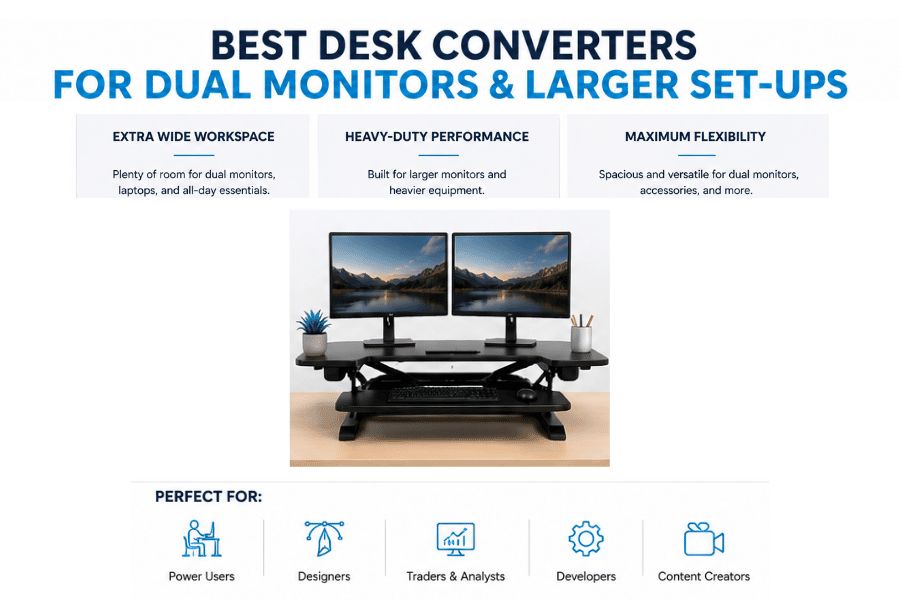 Infographic showing best desk converters for dual monitors and larger setups, highlighting wide workspace, heavy-duty performance, and flexibility