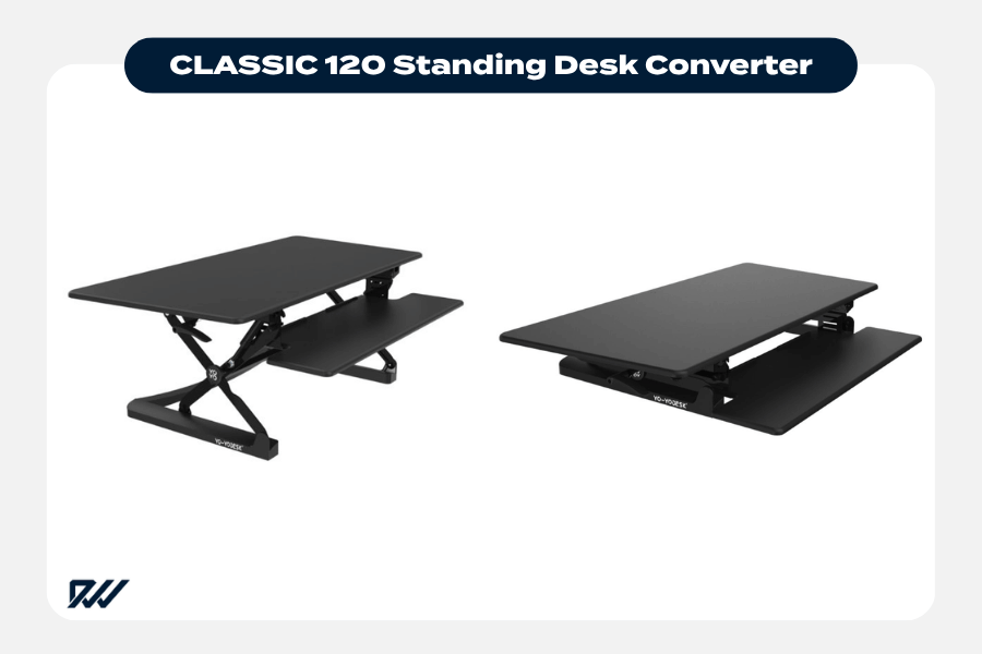 Classic 120 standing desk converter showing raised and lowered positions with wide work surface and keyboard tray