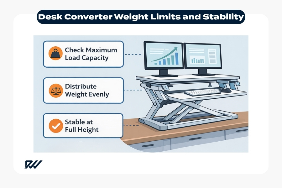 Infographic showing desk converter weight limits and stability tips, including load capacity, even weight distribution, and stability at full height.