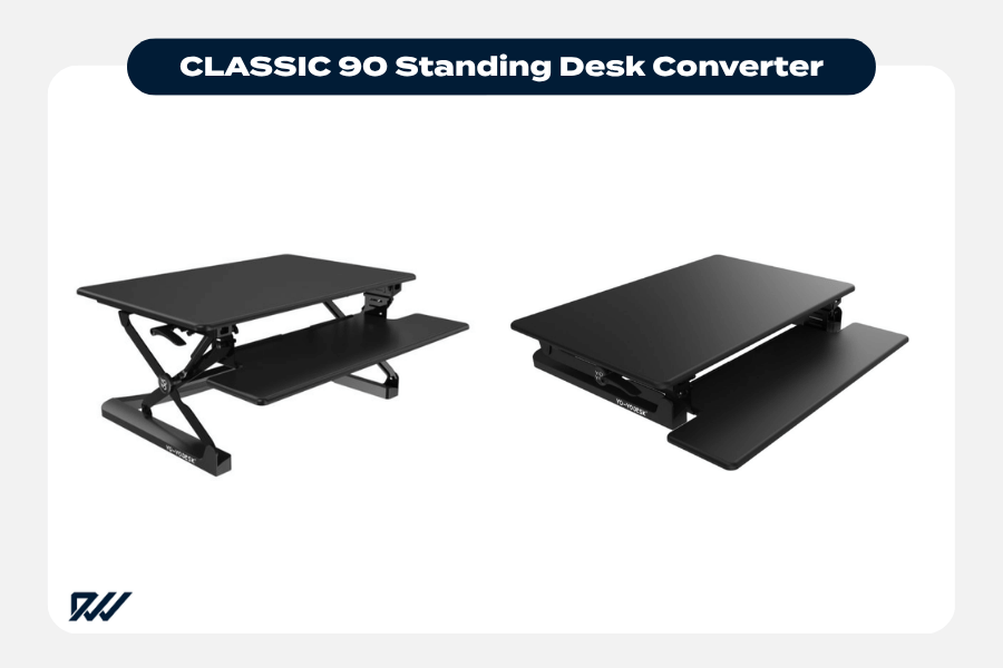 Classic 90 standing desk converter in raised and lowered positions with mid-size surface and keyboard tray