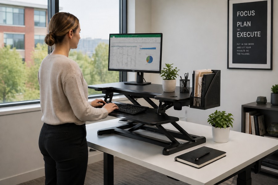 Best desk converter in use by home office worker standing at adjustable sit-stand workstation with monitor and keyboard