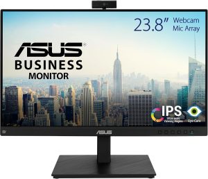 ASUS BE24EQSK Business Monitor with 23.8 inch display, webcam, microphone array, IPS viewing angles and Eye Care feature.