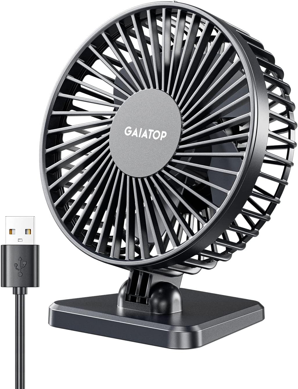 Gaiatop USB desk fan front view with USB cable connection