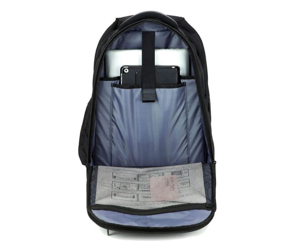 Targus rolling laptop backpack interior with laptop and tablet storage compartments