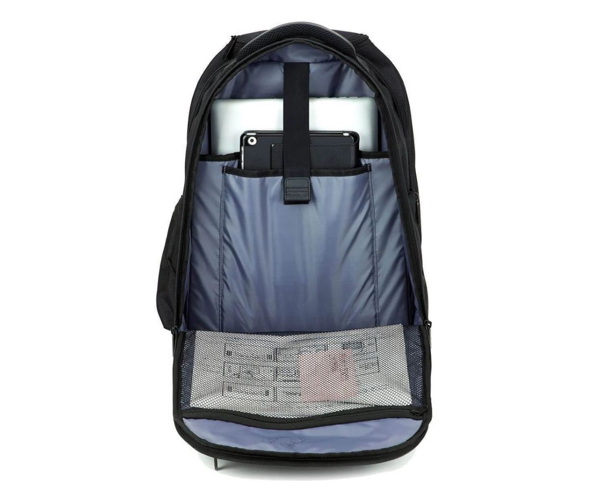 Targus rolling laptop backpack interior with laptop and tablet storage compartments