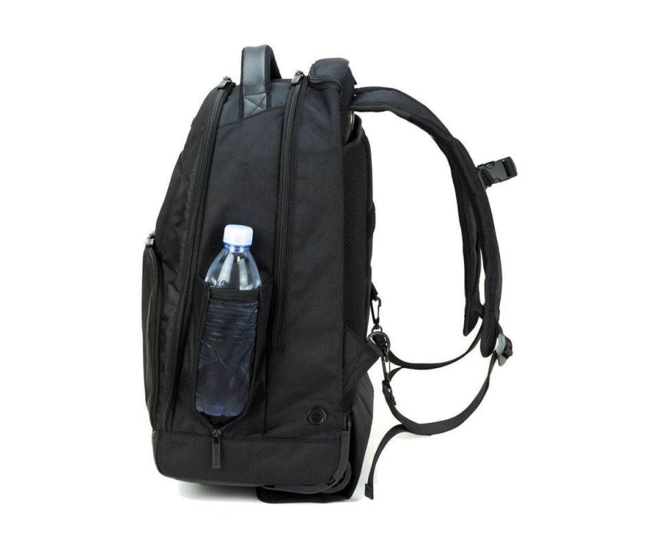 Targus rolling laptop backpack side view with water bottle pocket