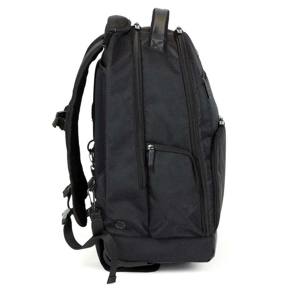 Targus rolling laptop backpack side profile showing compartments and structure