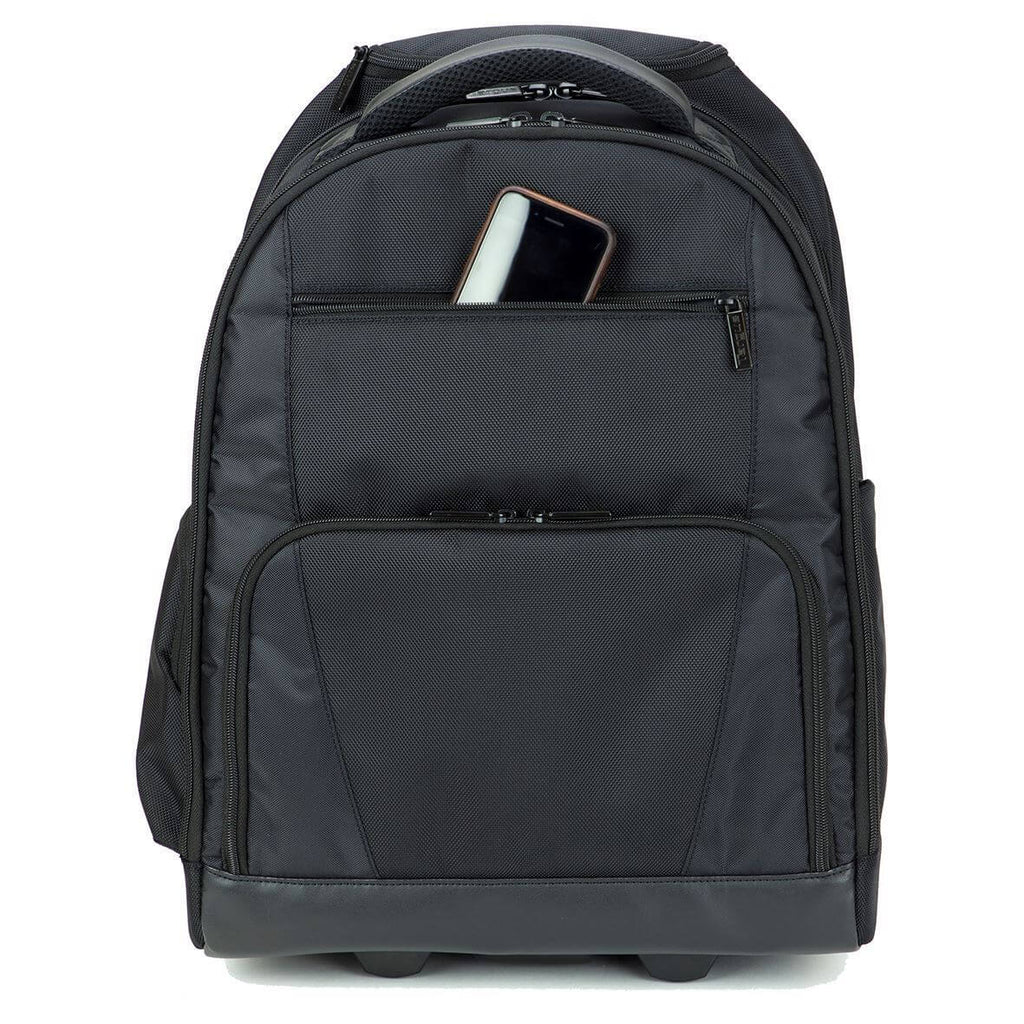 Targus rolling laptop backpack front pocket with smartphone storage